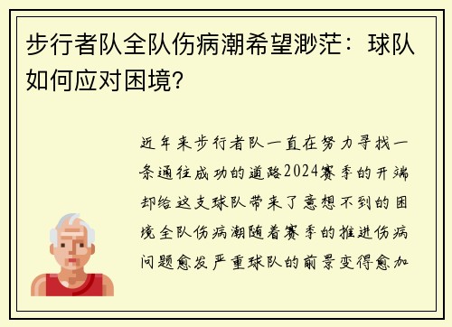 步行者队全队伤病潮希望渺茫：球队如何应对困境？