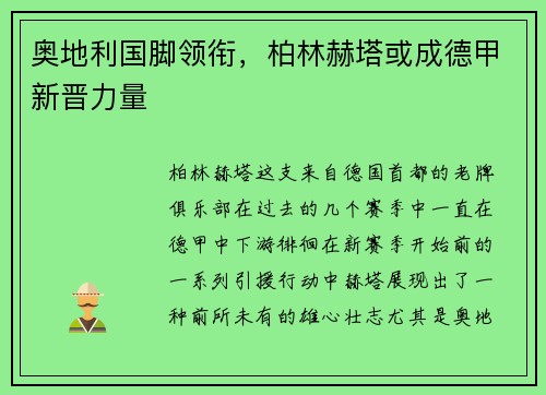 奥地利国脚领衔，柏林赫塔或成德甲新晋力量