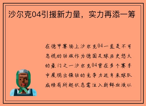 沙尔克04引援新力量，实力再添一筹